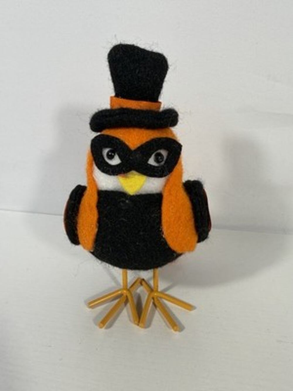 Halloween Masked Owl Bird Figurine Top Hat Orange Black Striped Tail Metal Feet